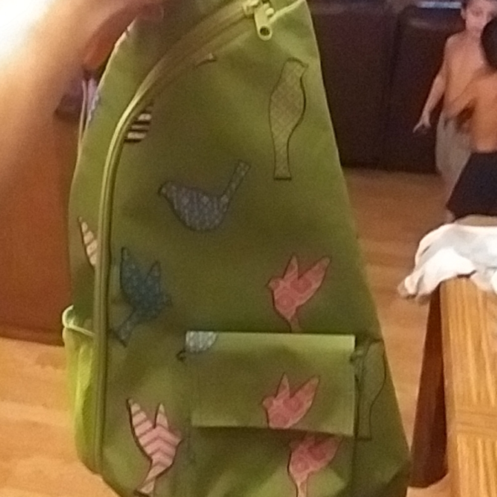 Beautiful green cross bag with birds all over it